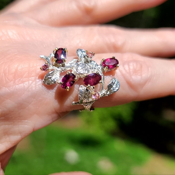 Red Rhodolite & Tourmaline Sterling floral Vine wreath ring sz 8.5
